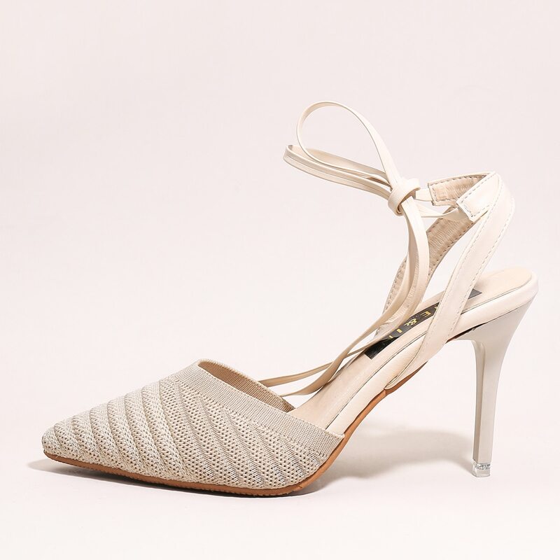 

Knit Tie Leg Stiletto Pumps, Beige