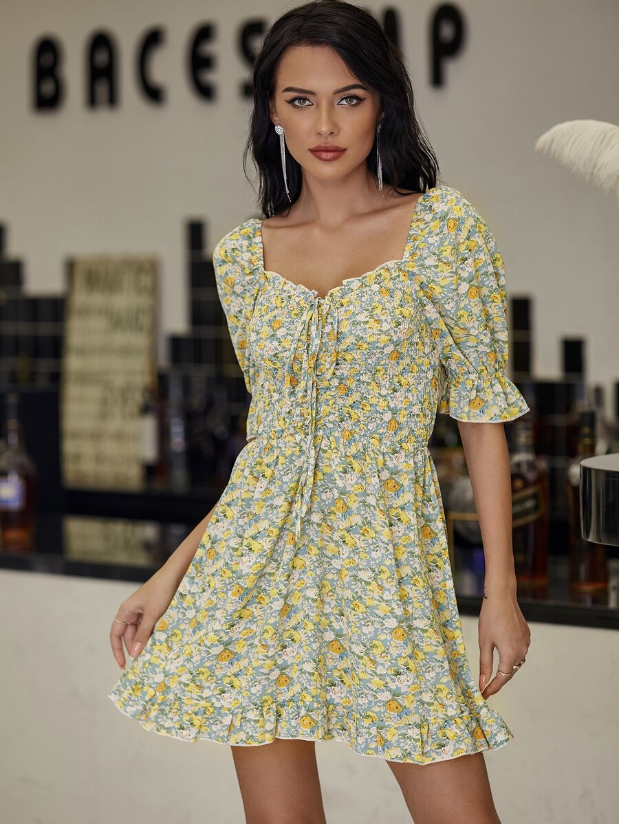 Eilly Bazar Đầm viền lá sen Hoa Nhiều màu Boho - Nhiều màu - Xem 1