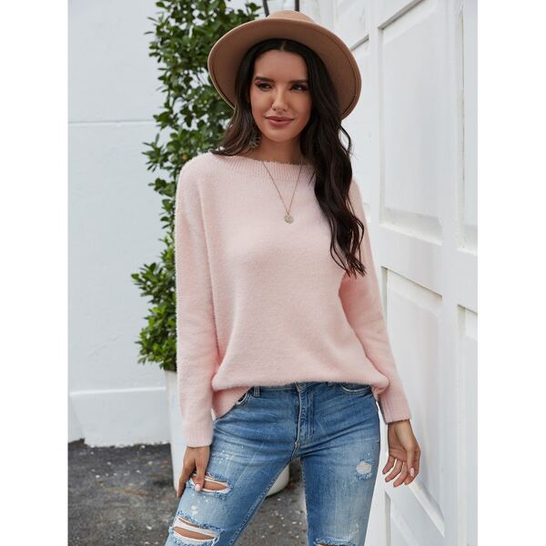 

Solid Drop Shoulder Fuzzy Sweater, Baby pink