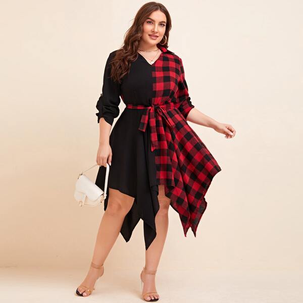 

Plus Buffalo Plaid Panel Hanky Hem Belted Dress, Multicolor
