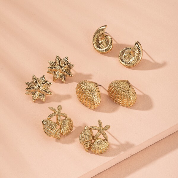 

4pairs Ribbed Shell Stud Earrings, Gold