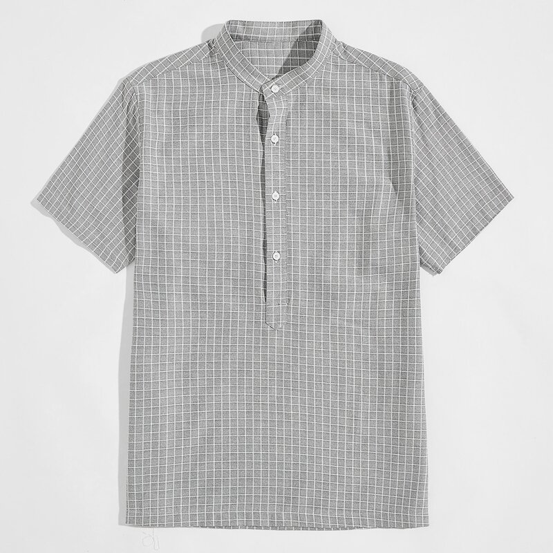 

Guys Half Button Plaid Print Shirt, Light grey