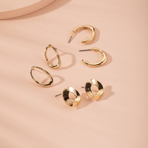 

3pairs Hollow Out Geometric Stud Earrings, Gold