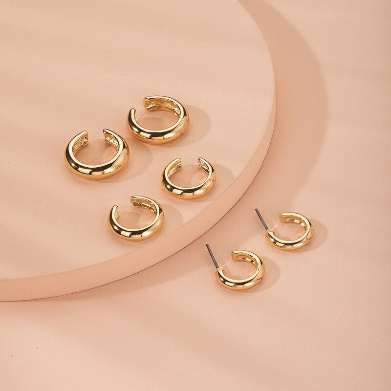 

3pairs Metal Cuff Round Earrings Set, Gold