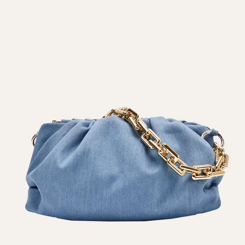 

Chain Handle Denim Ruched Bag, Baby blue