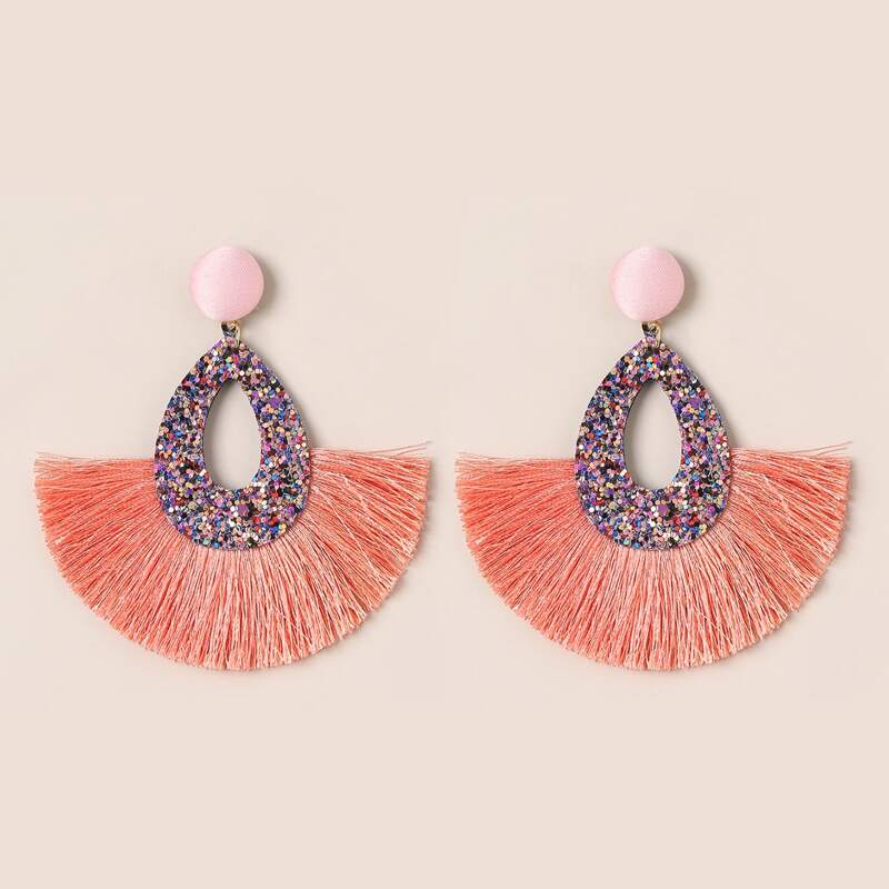 

Rhinestone Tassel Earrings, Pink