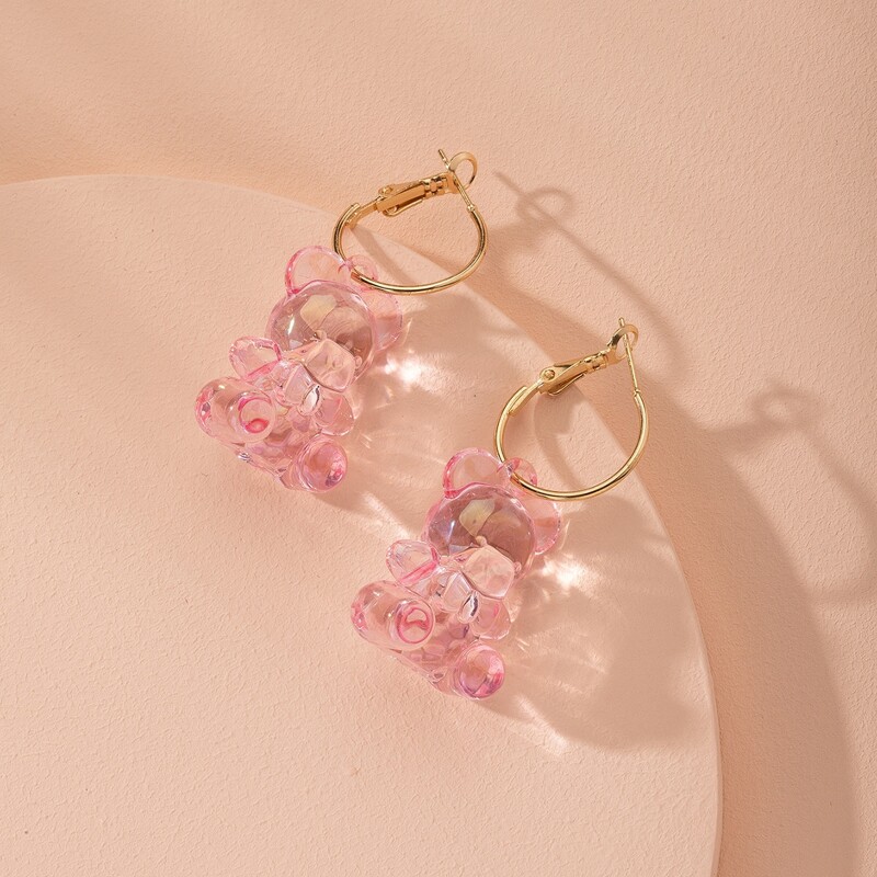 

Clear Bear Drop Earrings, Pink