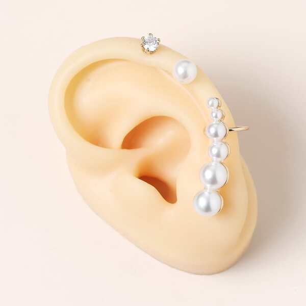 

3pcs Rhinestone Faux Pearl Earrings, White