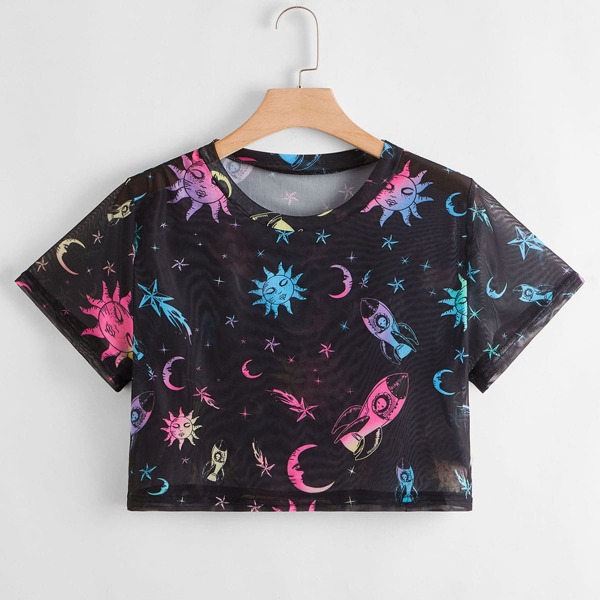 

Plus Galaxy Print Sheer Mesh Crop Top, Black
