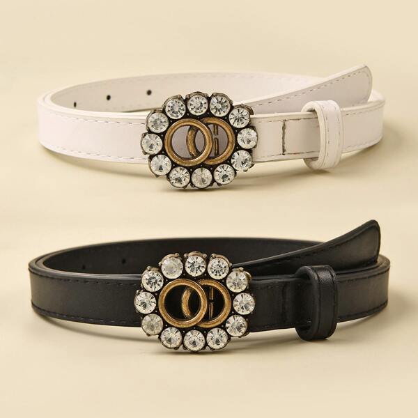 

2pcs Rhinestone Engraved Buckle Belt, Multicolor