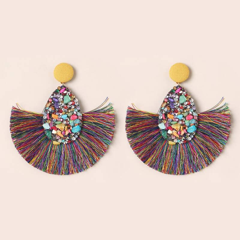

Rhinestone Decor Tassel Drop Earrings, Multicolor