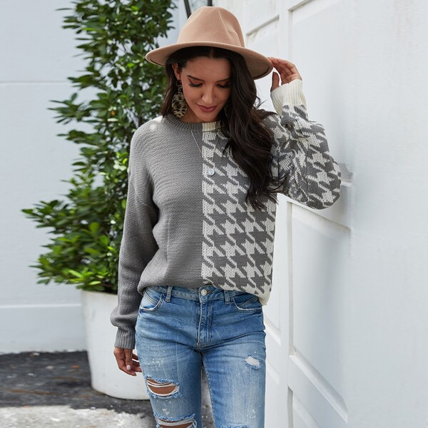 

Two Tone Houndstooth Drop Shoulder Sweater, Multicolor