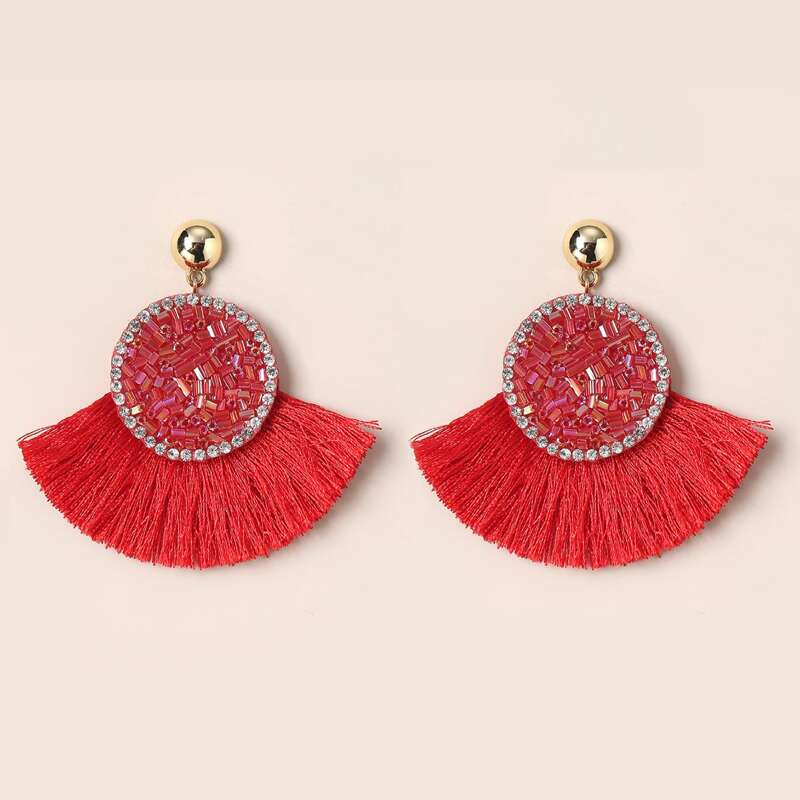 

Rhinestone Decor Tassel Drop Earrings, Red