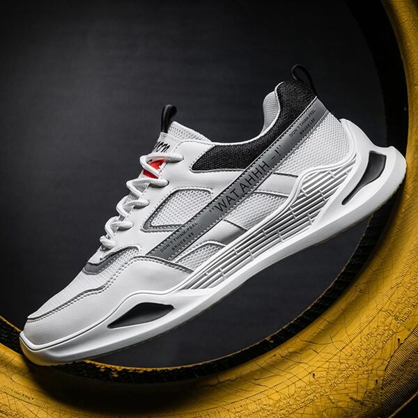 

Men Lace-up Front Mesh Panel Sneakers, Black and white
