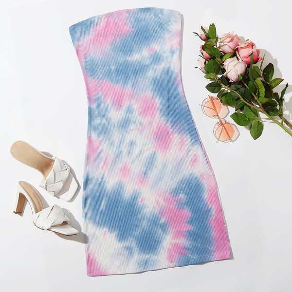 

Tie Dye Rib-knit Tube Fitted Dress, Multicolor