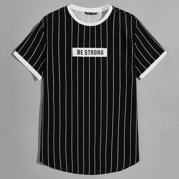

Men Slogan Graphic Striped Ringer Tee, Black