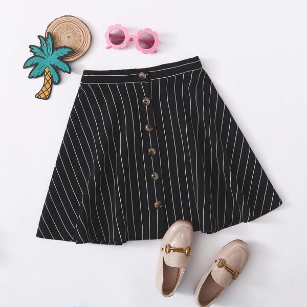 

Girls Buttoned Front Striped Skater Skirt, Black