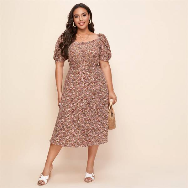 

Plus Ditsy Floral Puff Sleeve A-line Dress, Multicolor