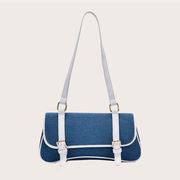 

Contrast Piping Pin Buckle Baguette Bag, Blue