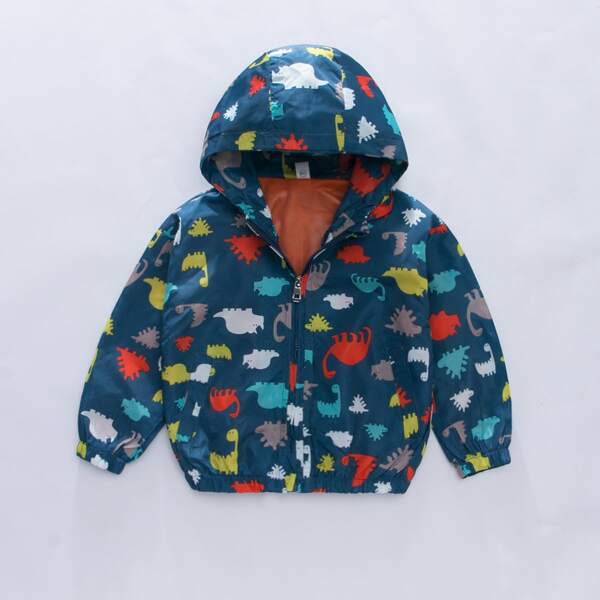 

Toddler Boys Cartoon Dinosaur Print Hooded Windbreaker Jacket, Multicolor