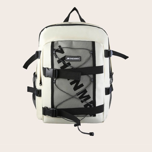 

Men Buckle Decor Contrast Mesh Backpack, White