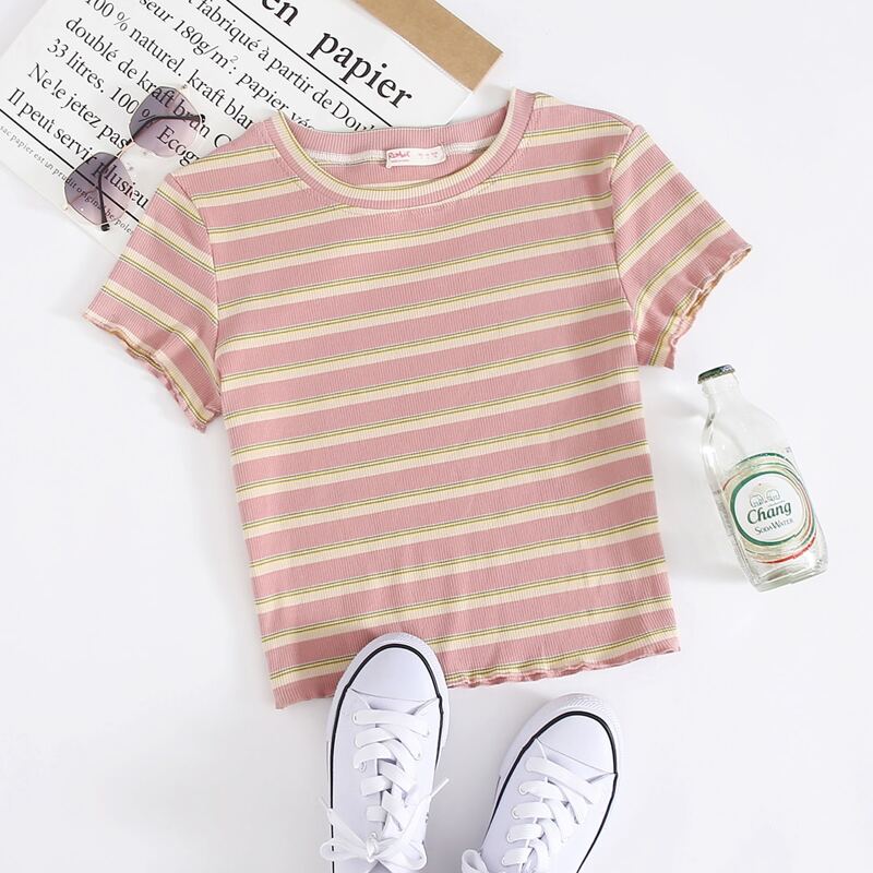 

Lettuce Trim Striped Tee, Pastel baby pink