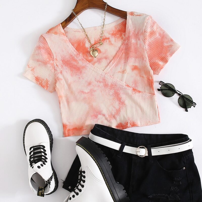 

Tie Dye Mock Wrap Crop Top, Multicolor