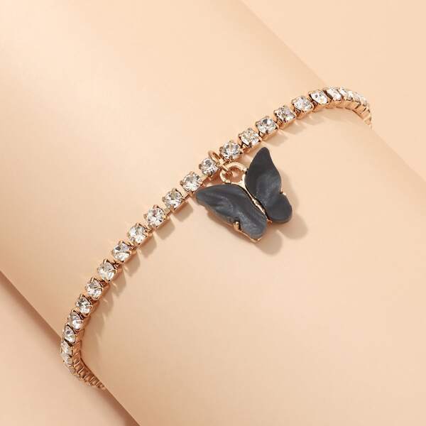 

Butterfly Charm Rhinestone Decor Bracelet, Black