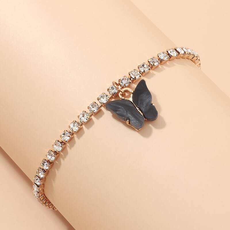 

Butterfly Charm Rhinestone Decor Bracelet, Black