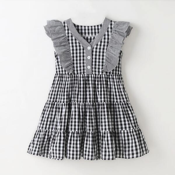 

Girls Gingham Ruffle Trim Babydoll Dress, Black and white