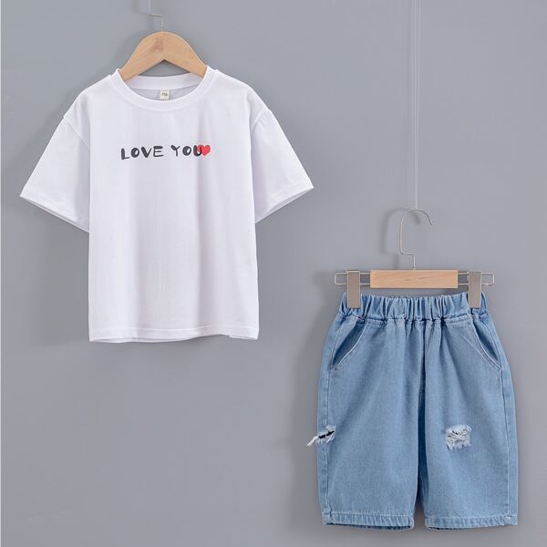 

Boys Slogan And Cartoon Graphic Tee & Ripped Denim Shorts, Blue and white