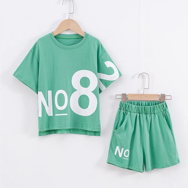 

Girls Letter Graphic Drop Shoulder Tee & Shorts, Mint green
