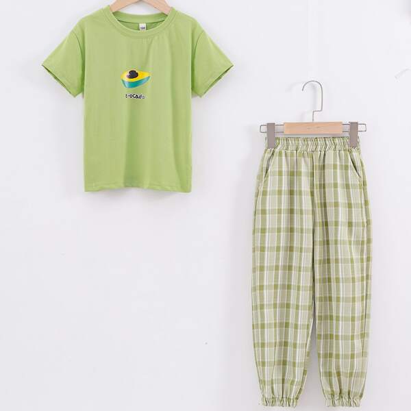 

Girls Fruit Print Tee & Plaid Pants, Lime green