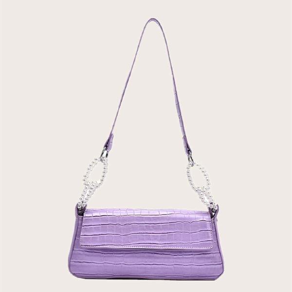 

Faux Pearl Decor Croc Embossed Baguette Bag, Purple