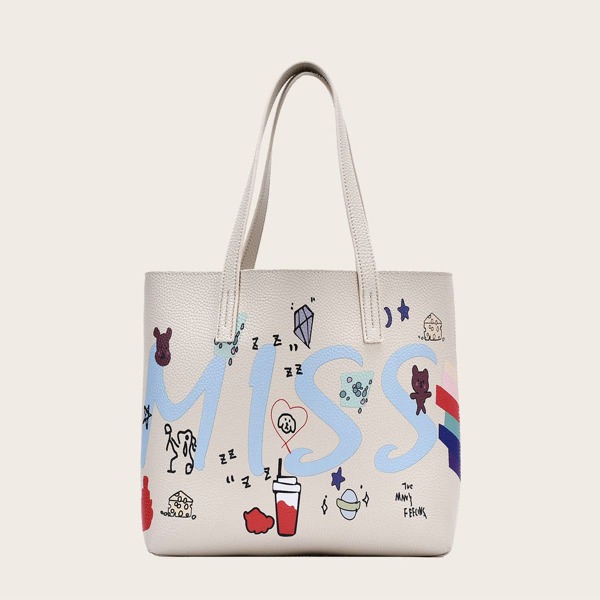 

Cartoon Graphic Tote Bag, Beige