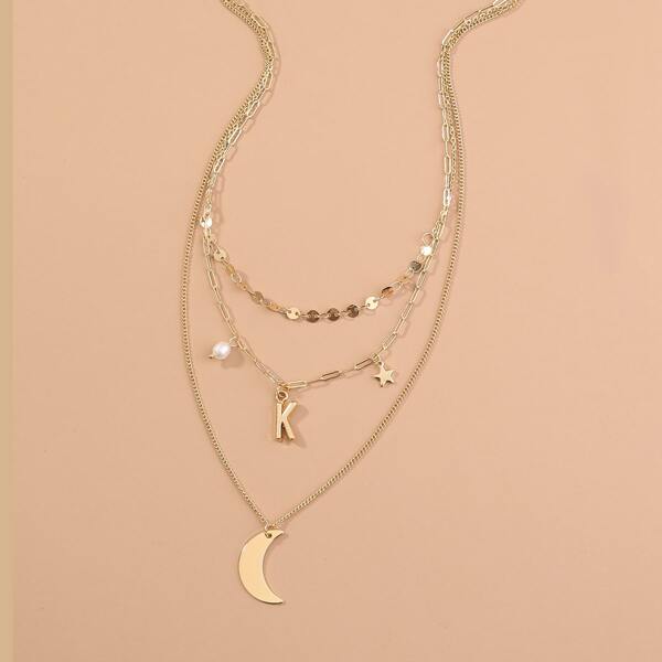 

Letter Moon Charm Layered Necklace, Gold