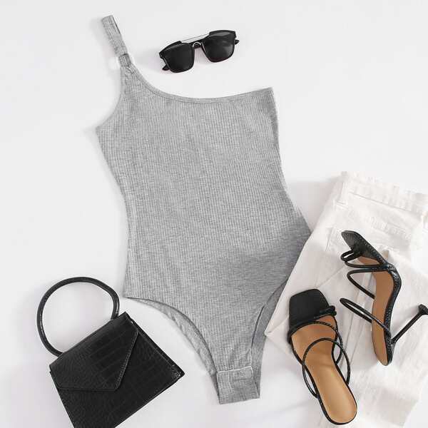 

One Shoulder Rob-knit Bodysuit, Light grey