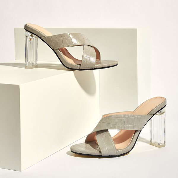 

Croc Embossed Cross Strap Chunky Heeled Mules, Grey