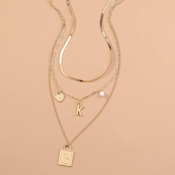 

2pcs Heart Letter Layered Necklace, Gold