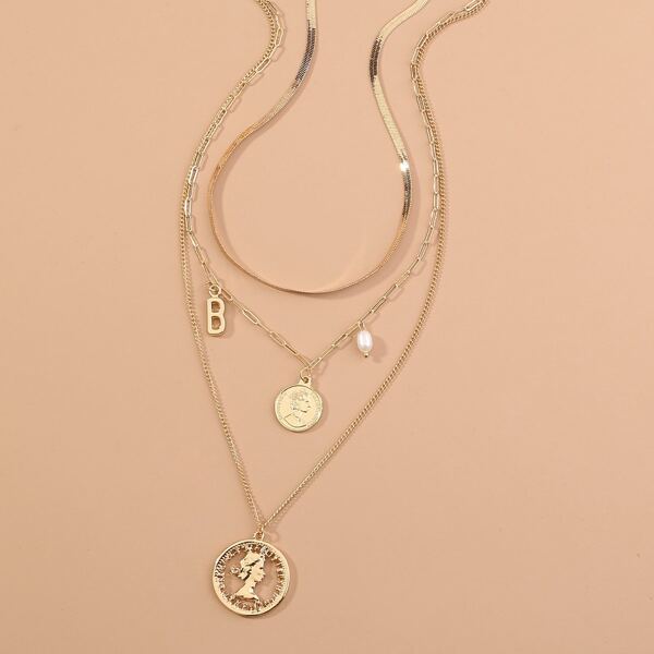 

2pcs Coin Letter Layered Necklace, Gold