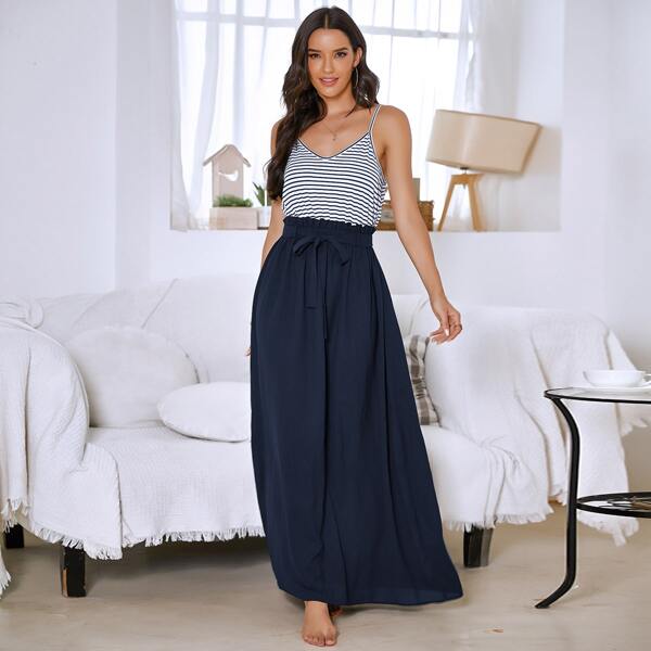 

Stripe Frill Trim Belted Cami Dress, Blue and white