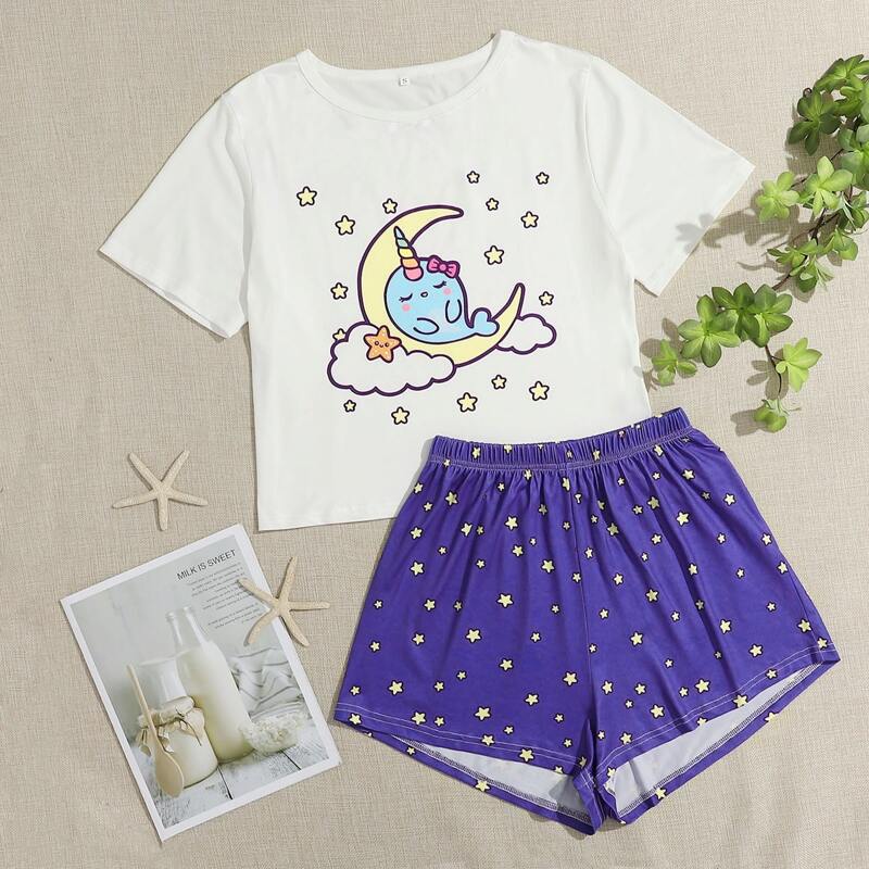 

Cartoon Graphic Shorts Pajama Set, Multicolor