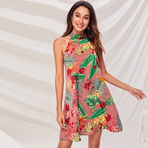 

Tropical Print Tie Back Halter Dress, Dusty pink