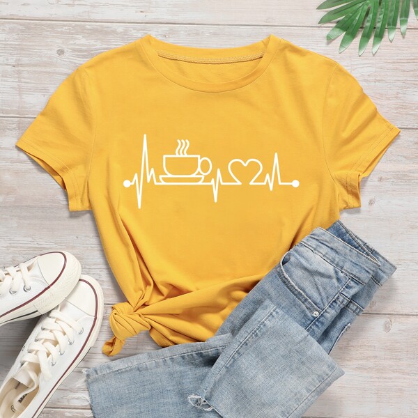 

Heart And Graphic Print Tee, Yellow