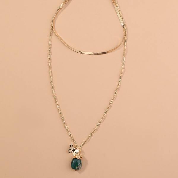 

Natural Stone Butterfly Layered Necklace, Gold