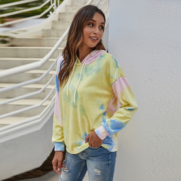 

Tie Dye Drop Shoulder Drawstring Hoodie, Multicolor