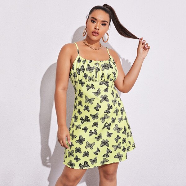 

Plus Butterfly Print Ruched Bust Cami Dress, Lime green