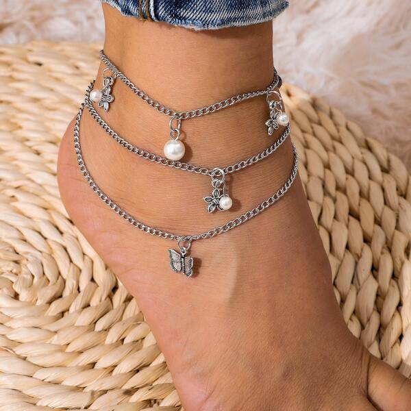 

Butterfly Charm Layered Anklet, Silver