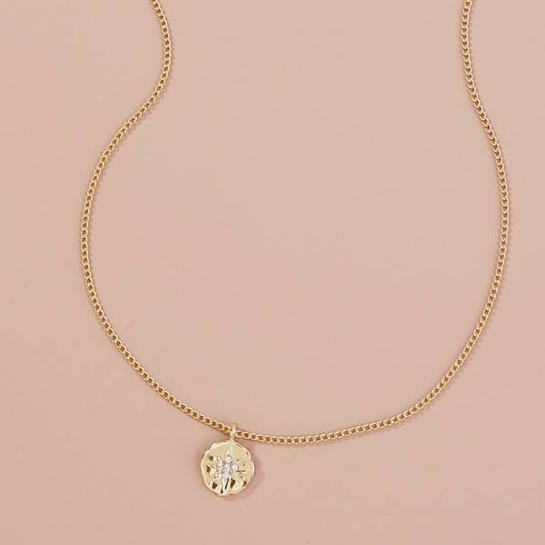 

Rhinestone Engraved Charm Necklace, Gold