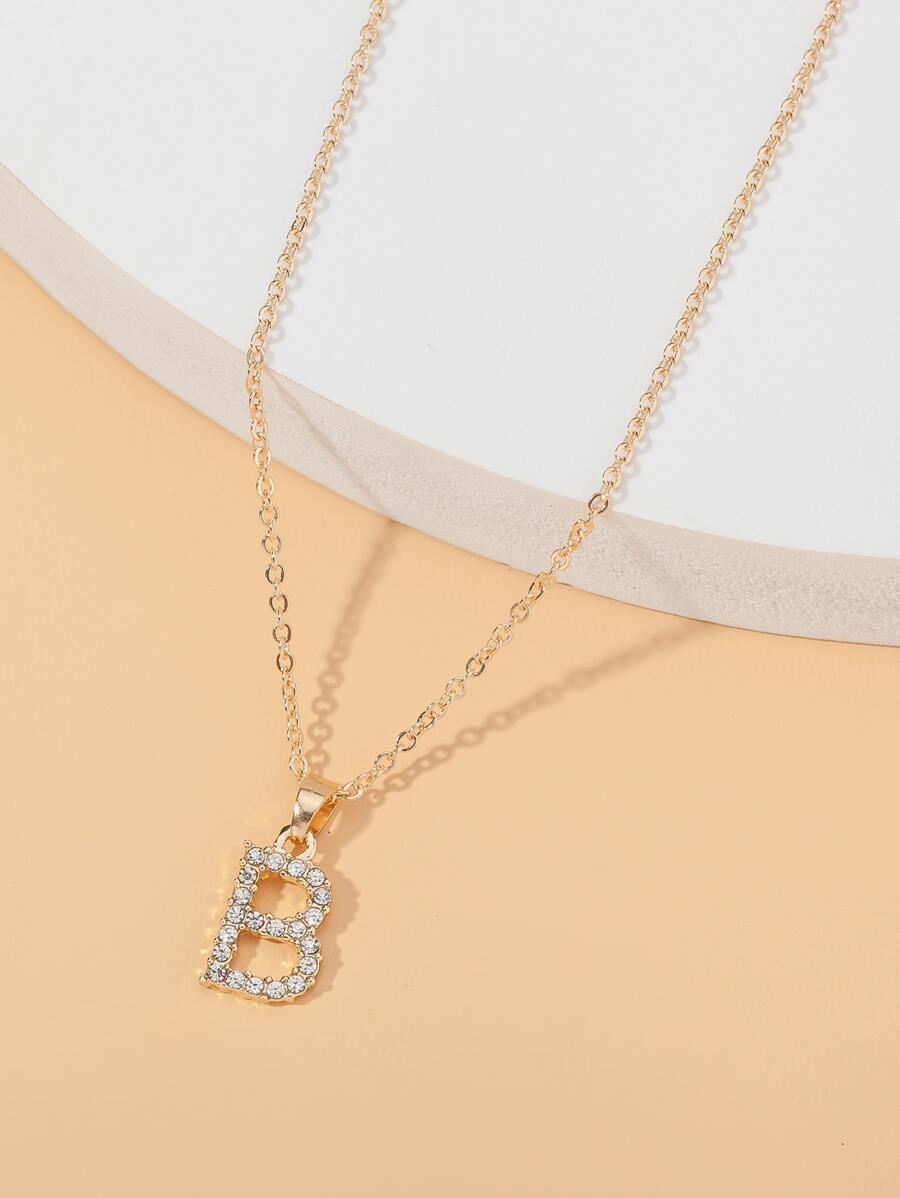 Rhinestone Letter Charm Necklace - Yellow Gold - View 1